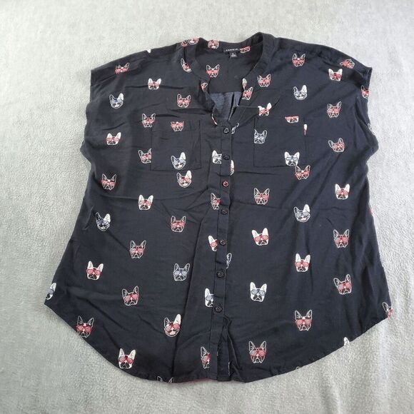 Torrid Top Womens Large Black Blouse French Bulldogs Sleeveless Button Front - Picture 1 of 10